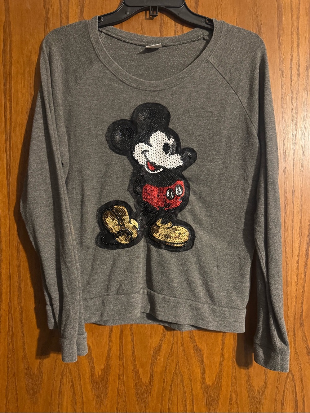 Disney Gray Sequin Mickey Crewneck Sweater with Red and Gold Accents